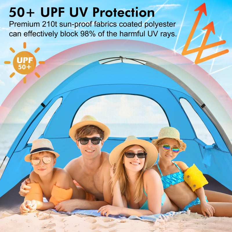 WhiteFang Beach Tent Anti-UV Portable Sun Shade Shelter for 4 Person, Extendable Floor with 3 Ventilating Mesh Windows Plus Carrying Bag, Stakes and Guy Lines (Blue) - Image 3